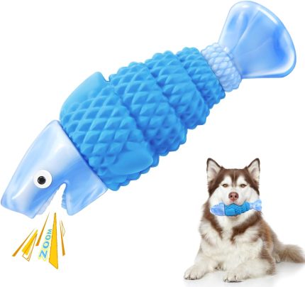 Durable indestructible dog chew toy for large breeds with built-in squeaker, shark design, and bacon flavor