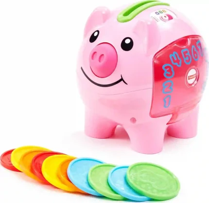 Fisher-Price Laugh & Learn Smart Stages Piggy Bank with 10 colorful coins for babies and toddlers learning numbers and counting