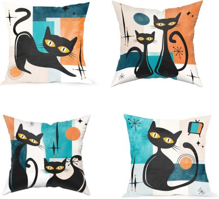 Set of 4 Retro Black Cat Throw Pillow Covers - 22x22 Inch Mid Century Modern Atomic Cushion Covers