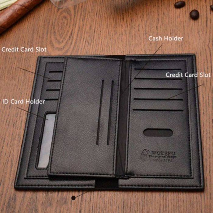 Men's long PU leather wallet with card holder, coin purse, and slim business design