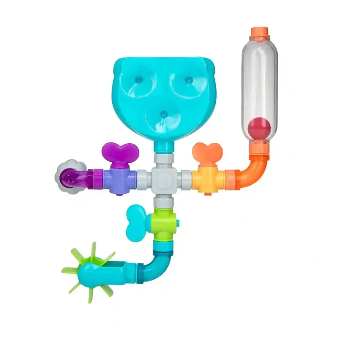 Nuby Wacky Waterworks interactive bath toy with colorful pipes and adjustable valves for baby cognitive development