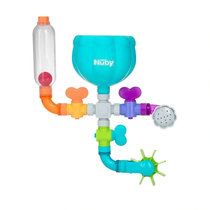 Nuby Wacky Waterworks interactive bath toy with colorful pipes and adjustable valves for baby cognitive development