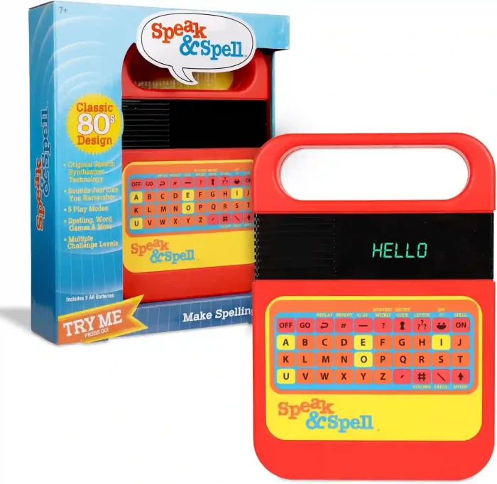 Speak & Spell Electronic Game with 80s design, educational spelling modes, and handheld arcade-style for kids