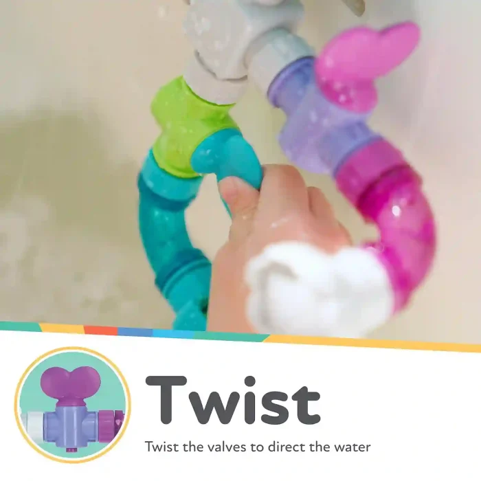 Nuby Wacky Waterworks interactive bath toy with colorful pipes and adjustable valves for baby cognitive development