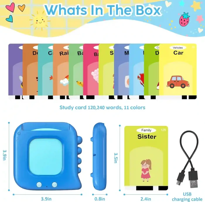 Talking flash cards educational toy with 240 sight words, card reader, and USB charging cable for toddlers and kids ages 1-5