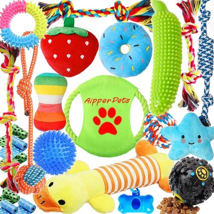 23-pack of dog puppy toys with squeaky plush toys, treat dispenser, rubber toothbrush, and rope toys for small dogs