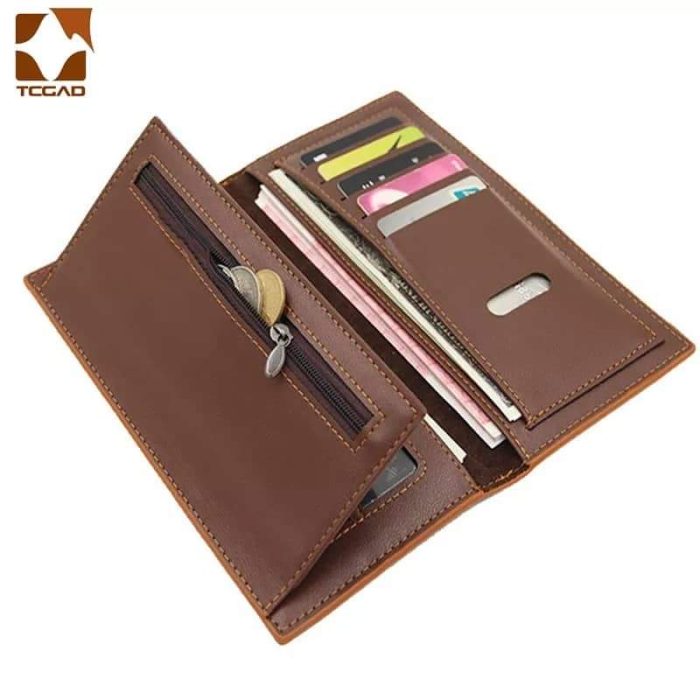 Men's long PU leather wallet with card holder, coin purse, and slim business design