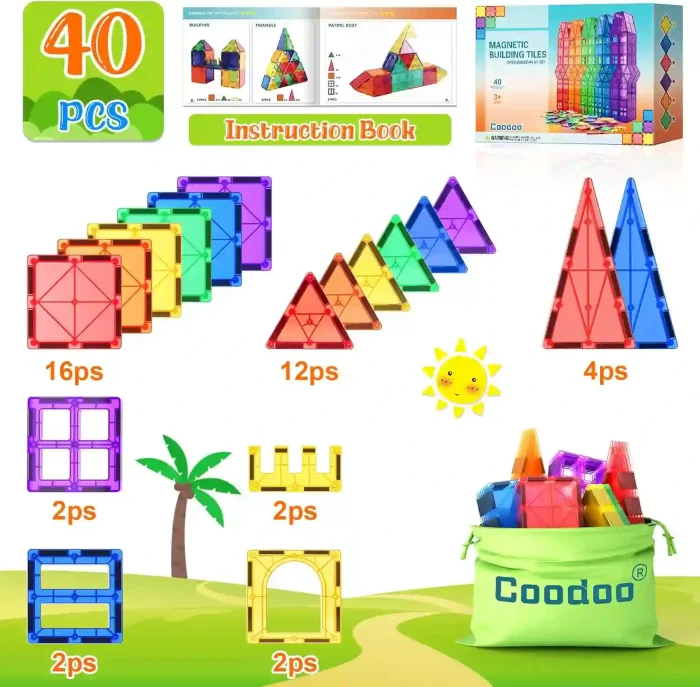 Coodoo Magnetic Tiles 40-Piece STEM Building Set for Kids Ages 3+