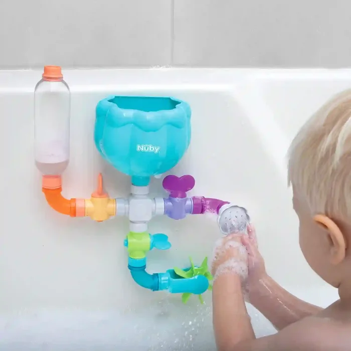 Nuby Wacky Waterworks interactive bath toy with colorful pipes and adjustable valves for baby cognitive development