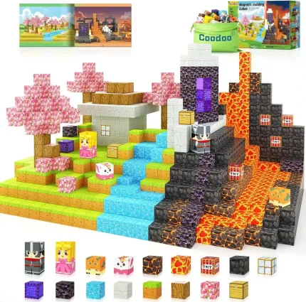 84-piece Magnetic Block Set featuring portal adventure theme with forest and lava landscapes, ideal for kids ages 3 and up