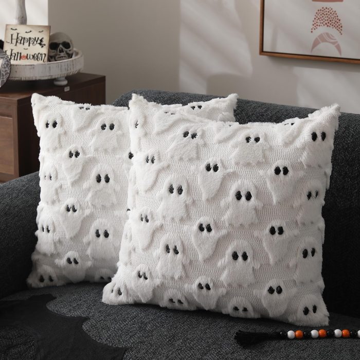 Set of 2 Halloween Pillow Covers - 18x18 Inch White Ghost Throw Cushion Cases