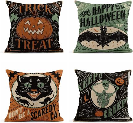 Set of 4 Vintage Halloween Linen Throw Pillow Covers - 18x18 Inch with Scaredy Cats, Pumpkins & Skeleton Designs