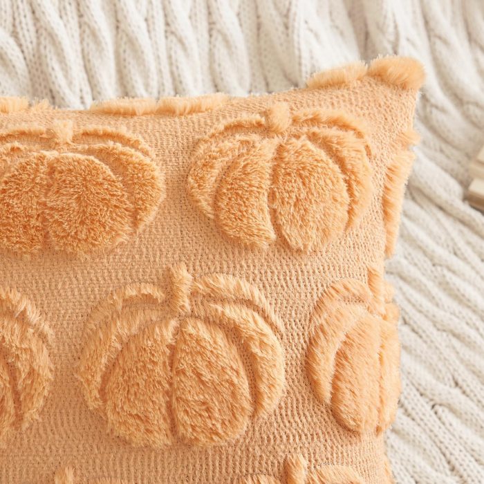 Set of 2 Fall Throw Pillow Covers - 18 x 18 Inch Plush Faux Wool Pumpkin Pattern
