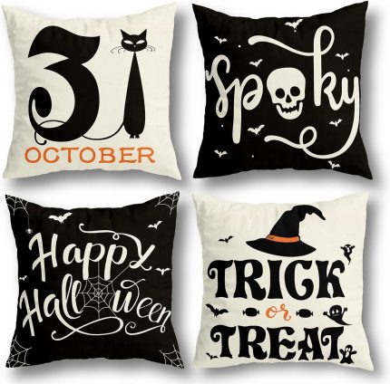 RioGree Halloween Decorative Pillow Covers Set of 4 - 18x18 with Spider Web, Cat, Skull & Ghost Patterns