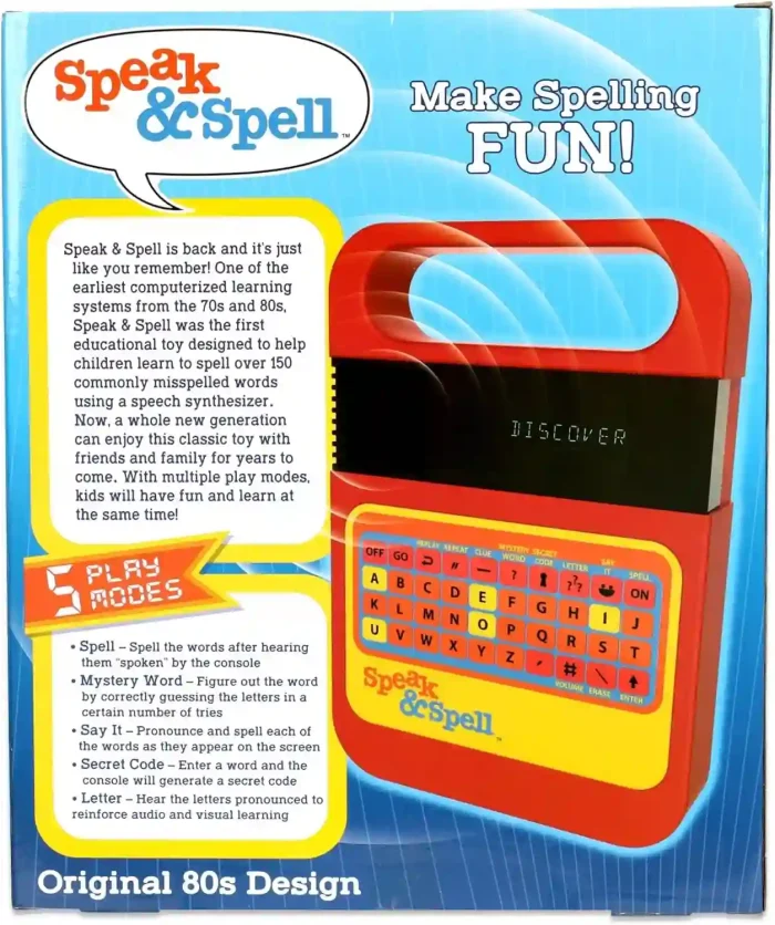 Speak & Spell Electronic Game with 80s design, educational spelling modes, and handheld arcade-style for kids