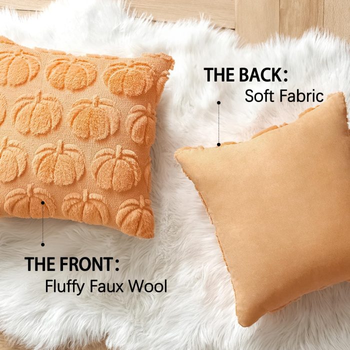 Set of 2 Fall Throw Pillow Covers - 18 x 18 Inch Plush Faux Wool Pumpkin Pattern