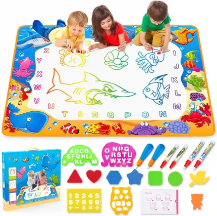 Large water doodle mat for kids with ocean design, magic water pens, molds, and templates