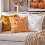 Set of 2 Fall Throw Pillow Covers - 18 x 18 Inch Plush Faux Wool Pumpkin Pattern