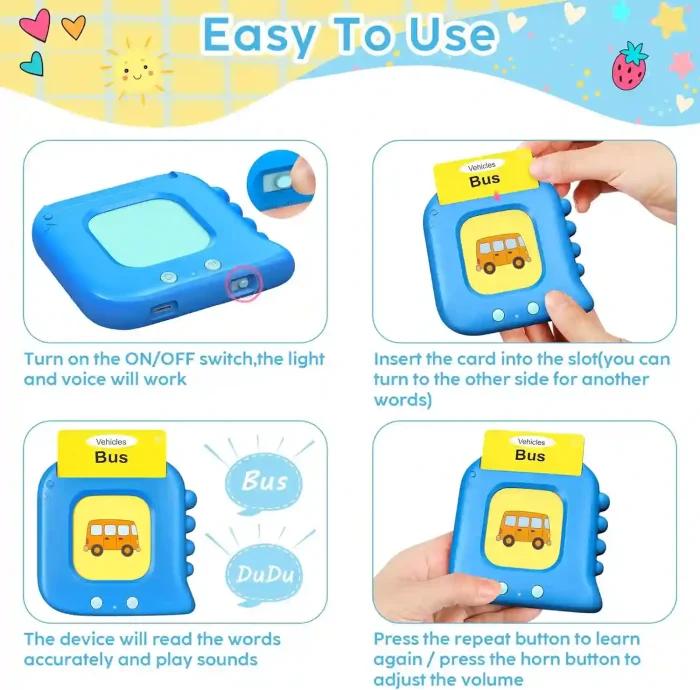 Talking flash cards educational toy with 240 sight words, card reader, and USB charging cable for toddlers and kids ages 1-5