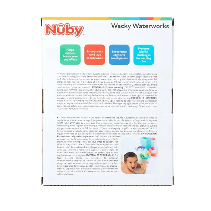 Nuby Wacky Waterworks interactive bath toy with colorful pipes and adjustable valves for baby cognitive development