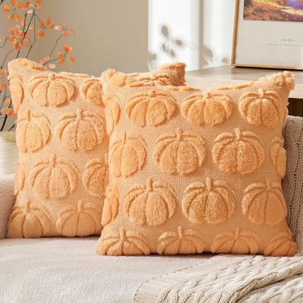 Set of 2 Fall Throw Pillow Covers - 18 x 18 Inch Plush Faux Wool Pumpkin Pattern