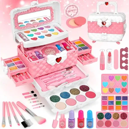 54-piece Kids Makeup Kit with real, washable makeup and nail accessories in a Frozen-themed portable vanity case