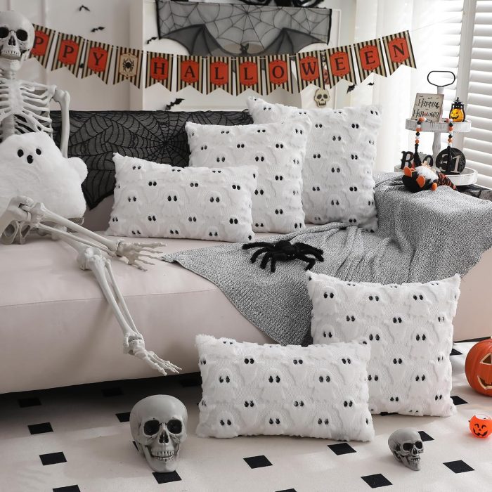 Set of 2 Halloween Pillow Covers - 18x18 Inch White Ghost Throw Cushion Cases