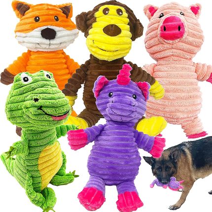 Jalousie 5-pack plush squeaky dog toys featuring dinosaur, monkey, unicorn, fox, and raccoon for medium and large breeds