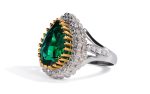 Hurrem Sultan ring with bottle-green lab-created emerald and AAA cubic zirconia in 925 sterling silver with white gold plating