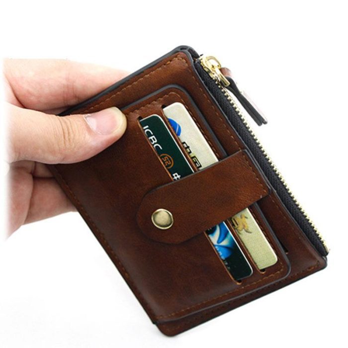 Men's slim leather wallet with card holder and coin pocket in brown and black.