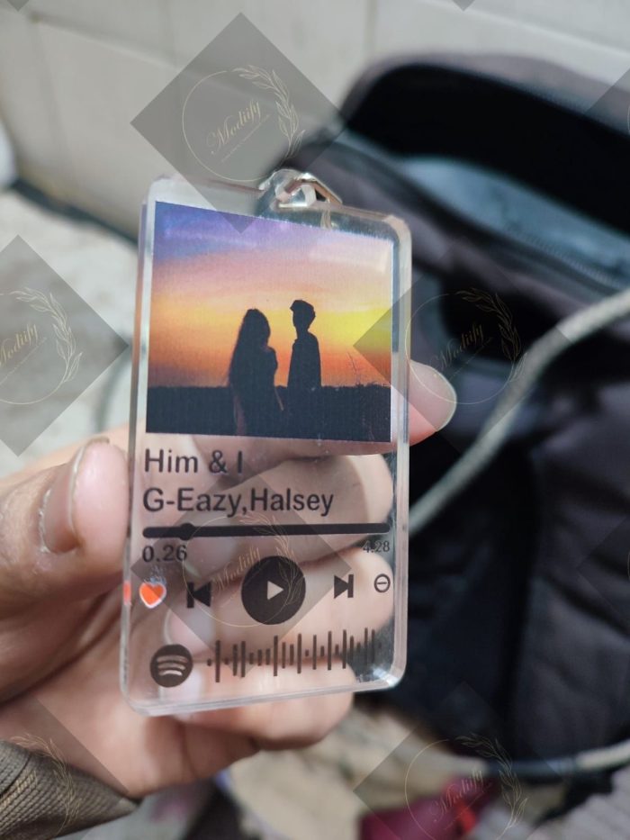 Customized transparent acrylic music keychain featuring song title and photo