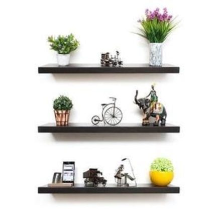 Pack of 3 wall hanging floating shelves in dark brown and white, ideal for displaying decorative items and books.