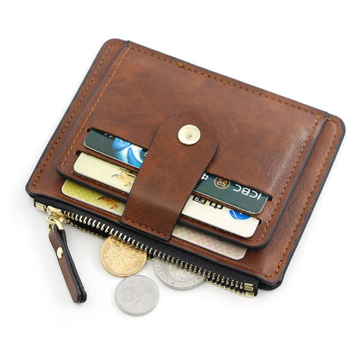 Men's slim leather wallet with card holder and coin pocket in brown and black.