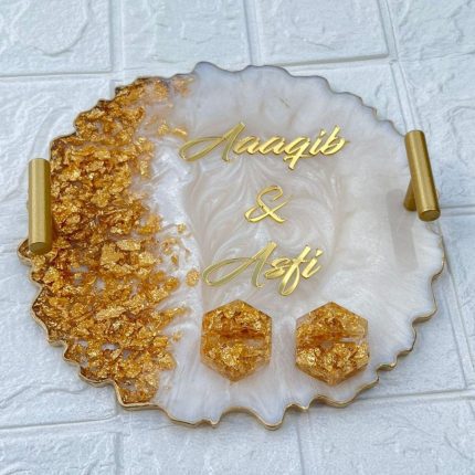 Customized engagement/wedding tray (10") with personalized names and dua engraved on resin art