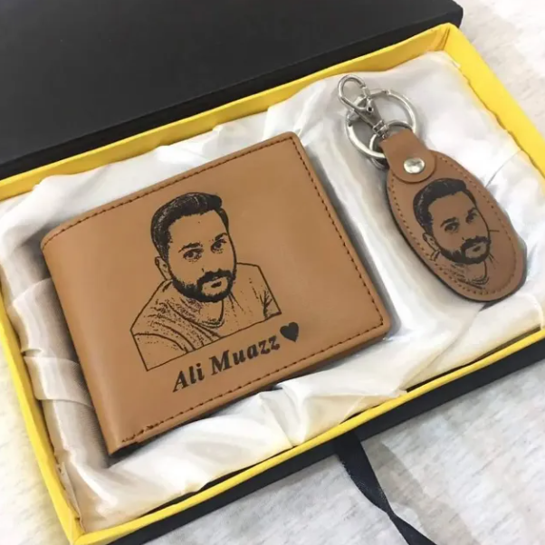 Personalized leather wallet and keychain set with custom name or photo engraving in a gift box