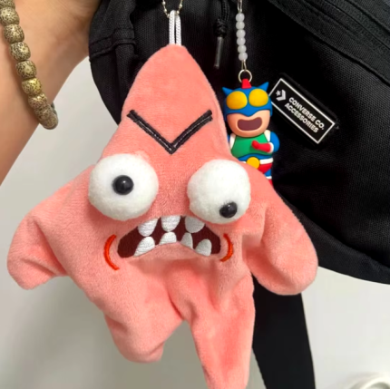 Grumpy Pink Star Plush Toy Keychain with Moving Eyes - Fun Pendant for Kids and Teens