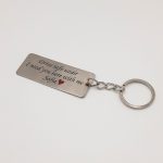 Customized metal wallet card and keychain in silver with a personalized message and gift box