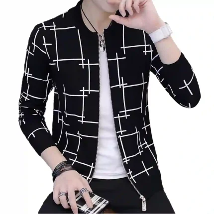 Black lining printed fleece zipper jacket, stylish design with fleece fabric