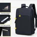 Triple pocket laptop backpack with side bottle pockets for 16-inch laptops, water-repellent and durable design for university or travel