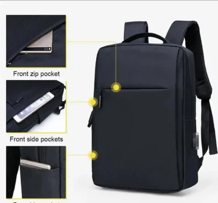 Triple pocket laptop backpack with side bottle pockets for 16-inch laptops, water-repellent and durable design for university or travel