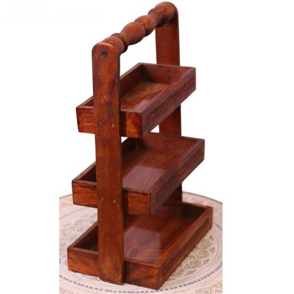 Handmade wooden spoon stand with 3 racks, carved from Sheesham wood – perfect for organizing kitchen utensils.