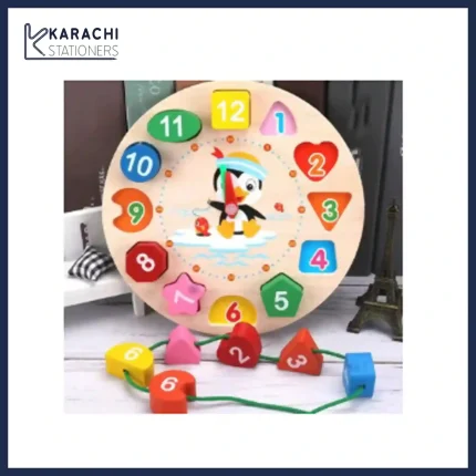 Colorful wooden clock toy with numbers and shapes for kids' learning