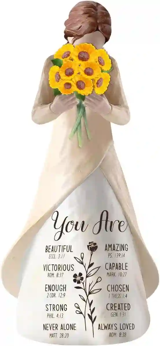 Inspirational hand-painted resin figurine with sunflower bouquet, perfect gift for her, 5.9-inch tabletop decoration