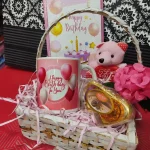 Happy Birthday Gift Basket with Mug, Teddy Bear, Rose Chocolate, and Greeting Card