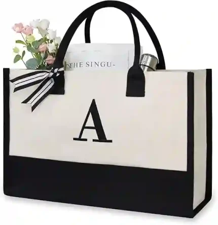 Personalized canvas tote bag with initials, perfect for women as a beach bag or gift.