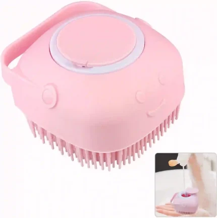 Pink silicone exfoliating body scrubber with built-in soap dispenser for deep skin cleansing and exfoliation