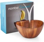 Nambe Fruit Tree Bowl - Acacia wood fruit basket with metal banana hanger, 12-inch decorative bowl for kitchen or table