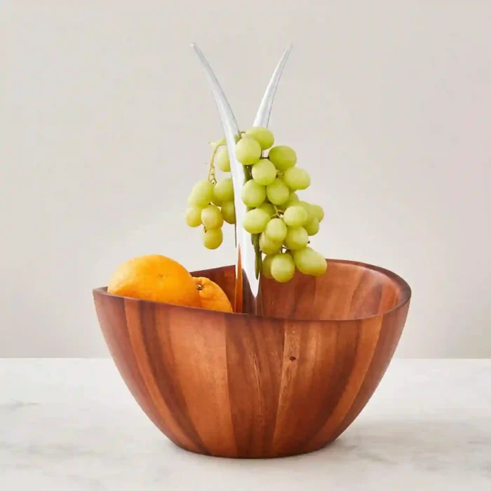 Nambe Fruit Tree Bowl - Acacia wood fruit basket with metal banana hanger, 12-inch decorative bowl for kitchen or table