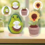 Handmade emotional support pickle cucumber gifts - Knitted avocado and sunflower with card and wooden base