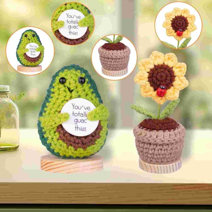 Handmade emotional support pickle cucumber gifts - Knitted avocado and sunflower with card and wooden base